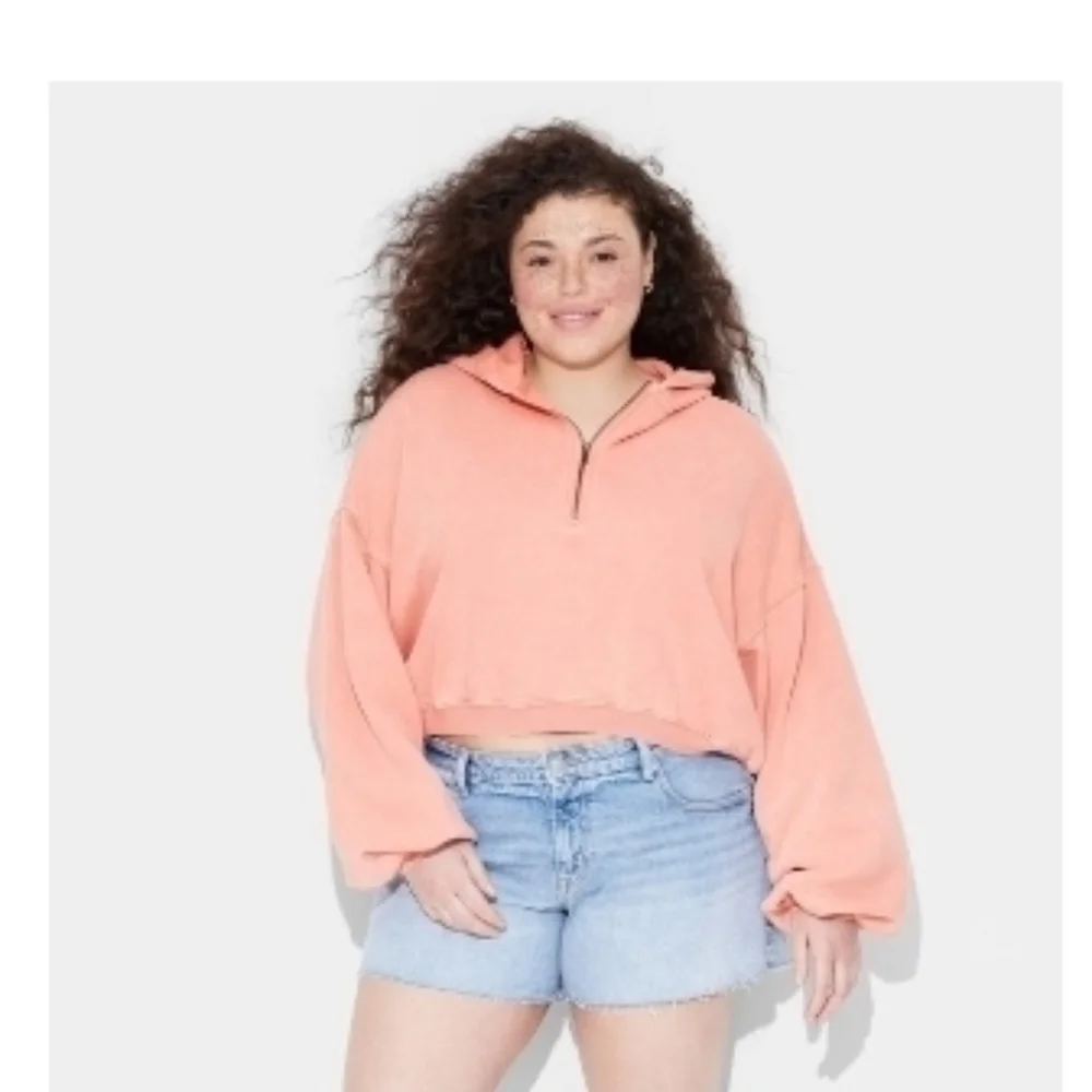 Wild Fable Women's Quarter Zip Hoodie Sweatshirt Oversized Coral Orange - Picture 3 of 7